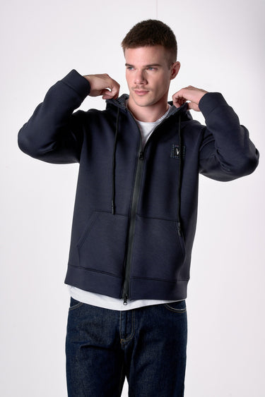 Blue Neoprene Zip-Up Hoodie with Fabric Details V2