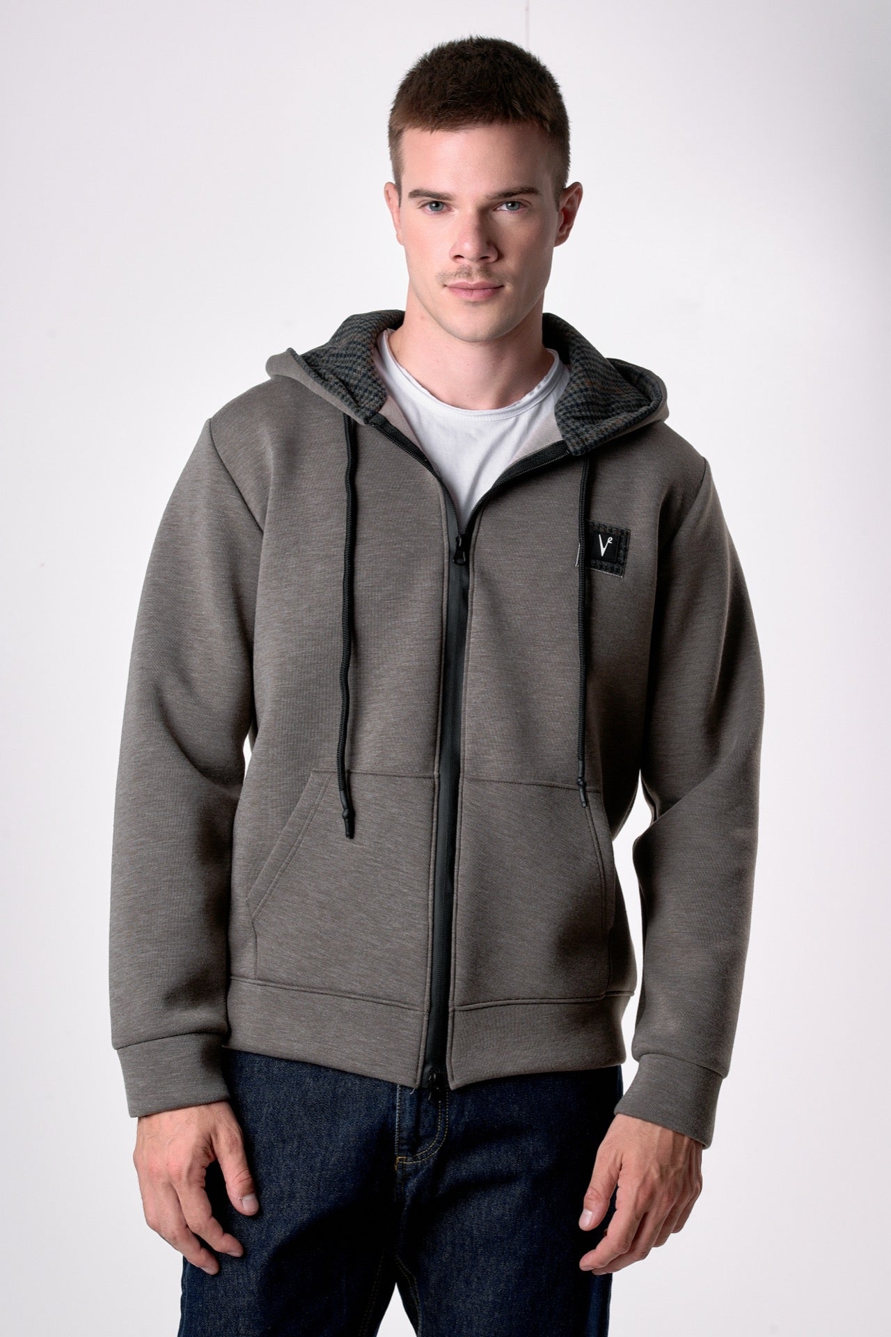 Felpa Cappuccio Zip in neoprene Tortora con dettagli in tessuto V2