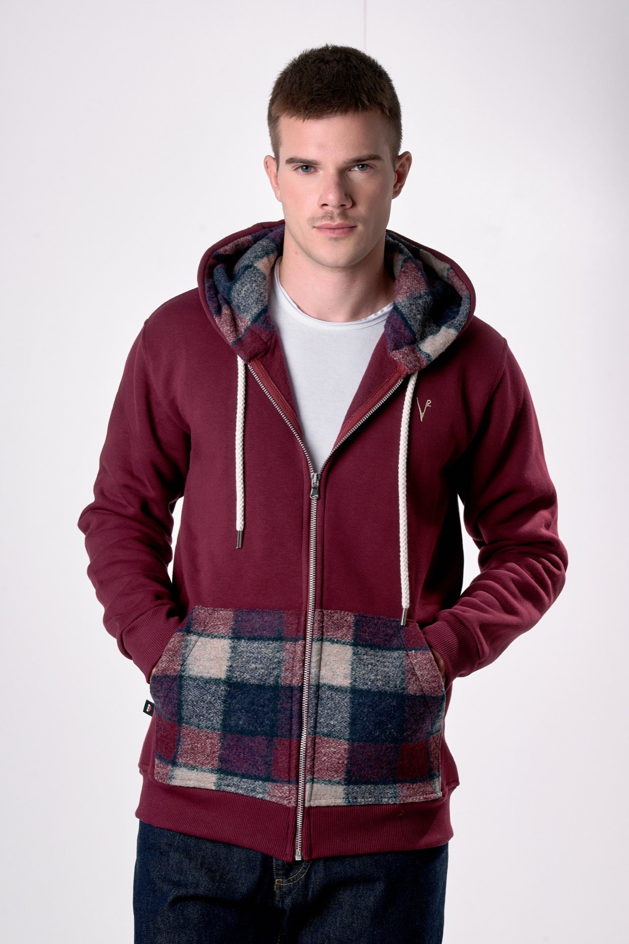 Felpa Cappuccio Zip Bordeaux con tascone e interno in tessuto V2