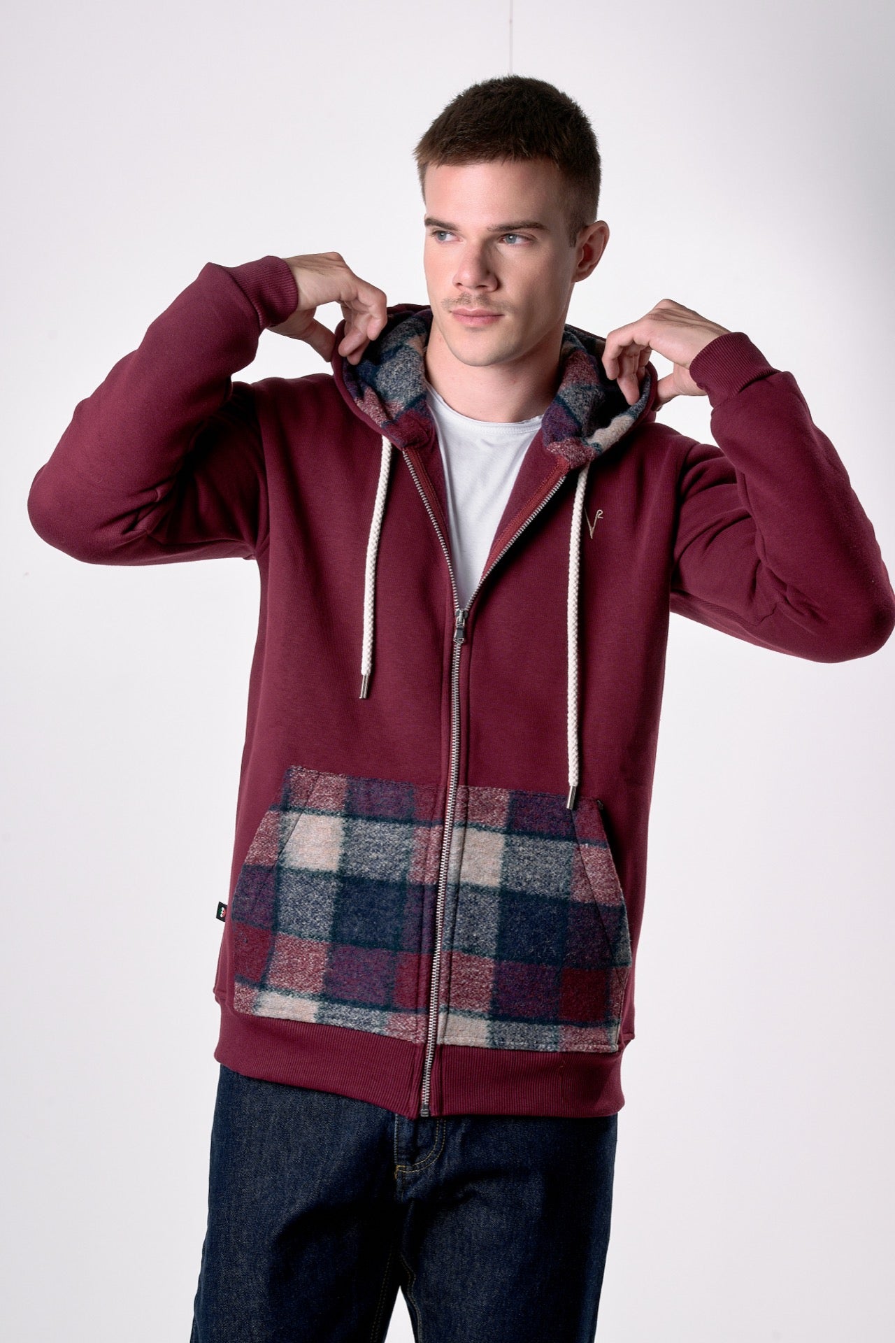Felpa Cappuccio Zip Bordeaux con tascone e interno in tessuto V2
