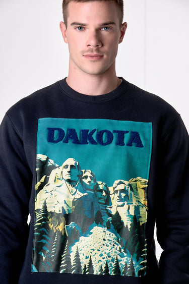 Blue Crewneck Sweatshirt with Dakota Print and Embroidery