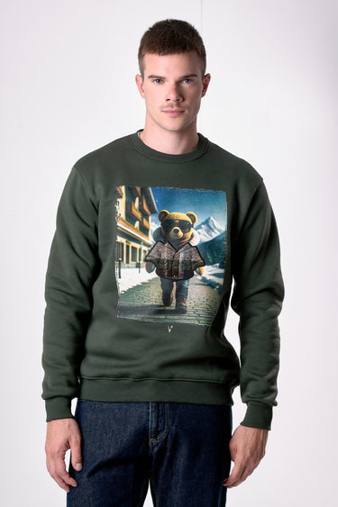 Military Green Crewneck Sweatshirt with Teddy Print and V2 Fabric Embroidery