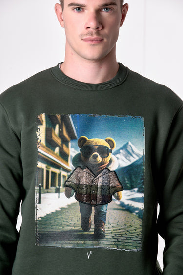 Military Green Crewneck Sweatshirt with Teddy Print and V2 Fabric Embroidery