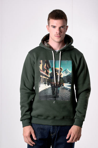 Felpa Cappuccio Verde Militare con stampa Teddy e ricamo in tessuto V2
