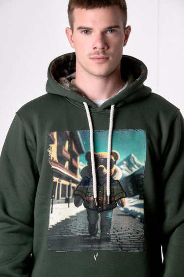 Felpa Cappuccio Verde Militare con stampa Teddy e ricamo in tessuto V2