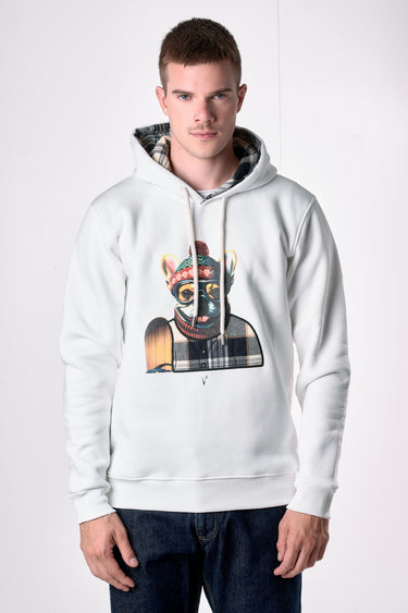 Cream Hoodie with Bulldog Print and Fabric Embroidery V2