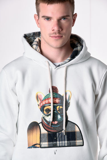 Cream Hoodie with Bulldog Print and Fabric Embroidery V2