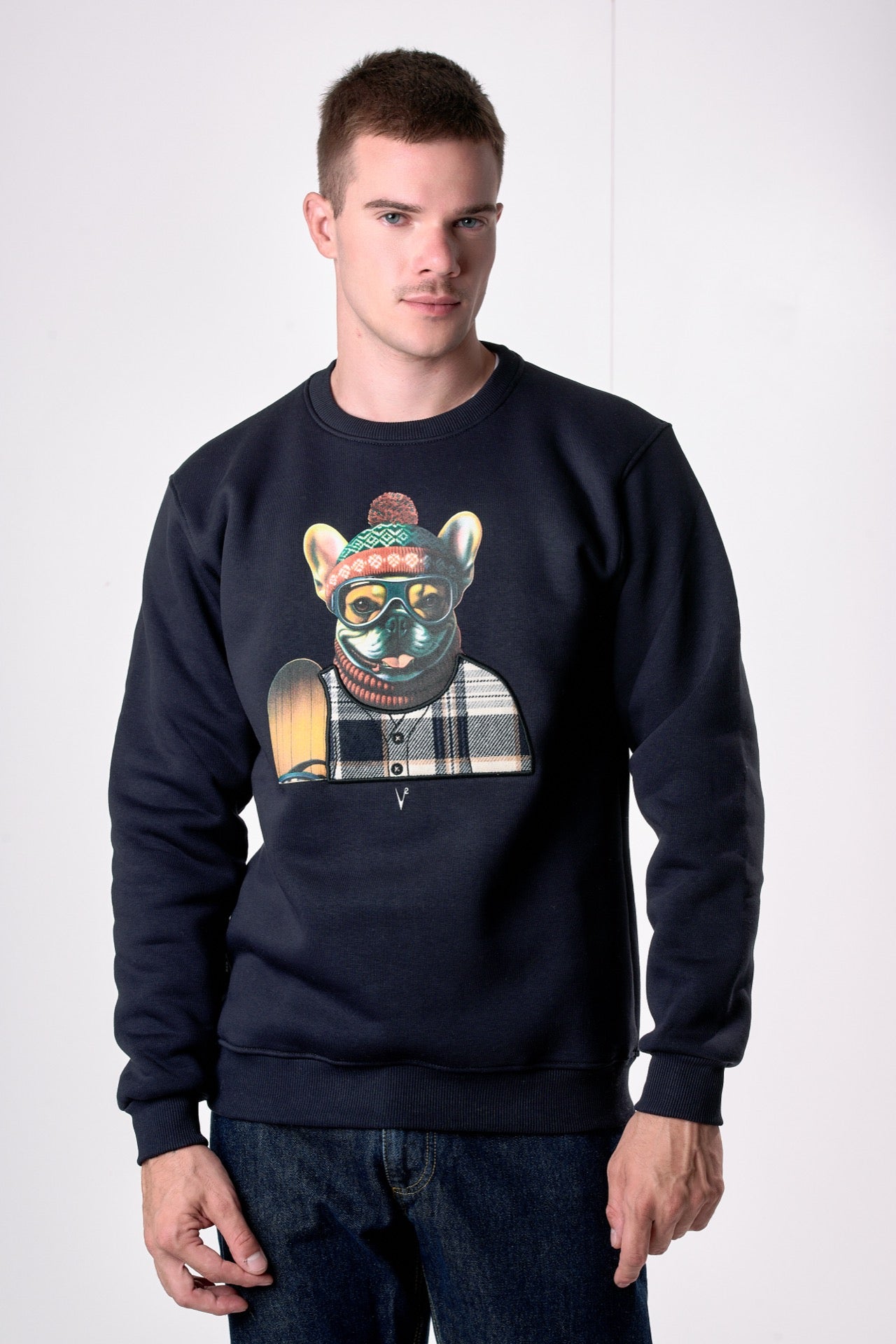 Felpa Girocollo Blu con stampa Bulldog e ricamo in tessuto V2