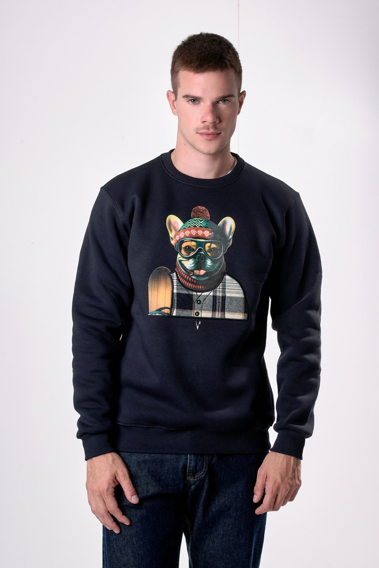 Felpa Girocollo Blu con stampa Bulldog e ricamo in tessuto V2