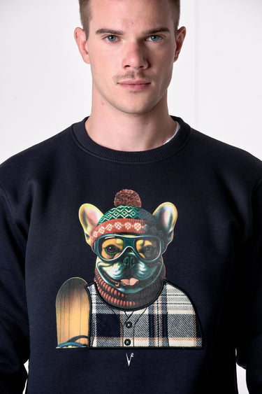 Felpa Girocollo Blu con stampa Bulldog e ricamo in tessuto V2