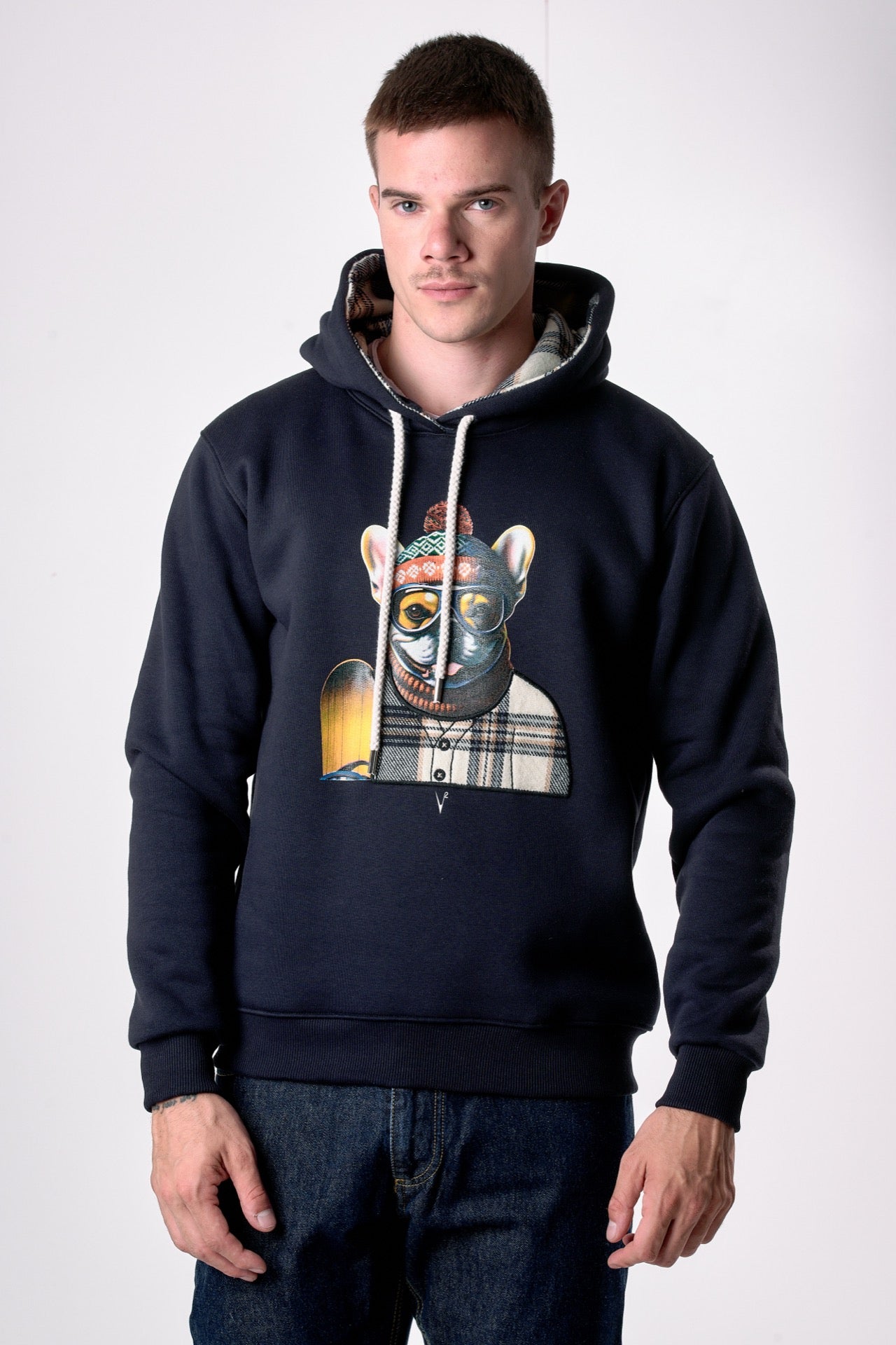 Felpa Cappuccio Blu con stampa Bulldog e ricamo in tessuto V2