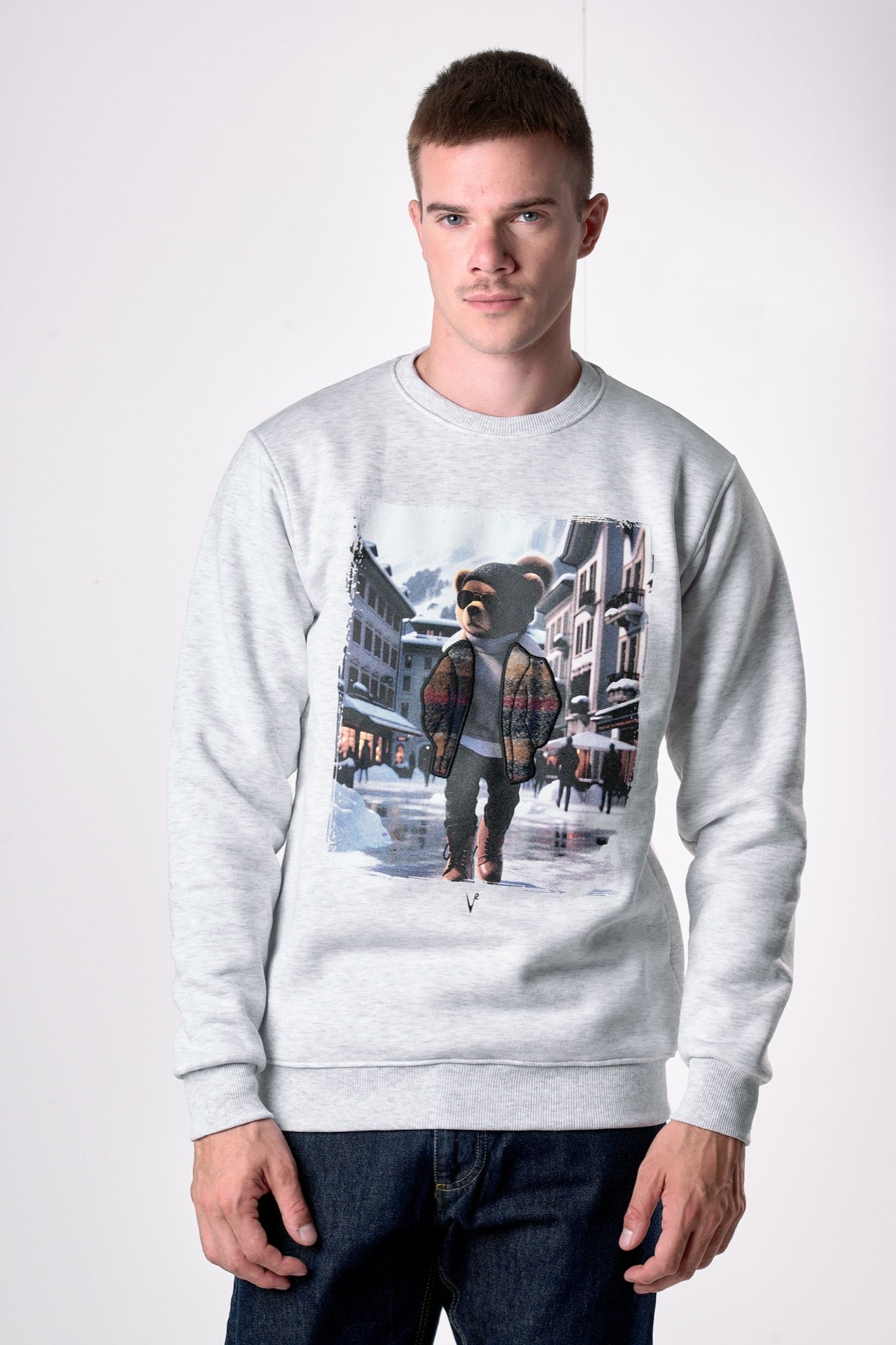 Felpa Girocollo Grigia con stampa Teddy e ricamo in tessuto V2