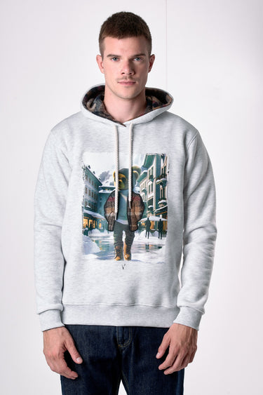 Grey Hoodie with Teddy Print and Fabric Embroidery V2