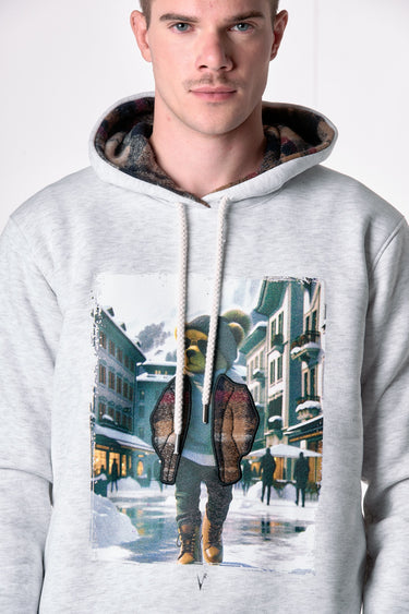 Grey Hoodie with Teddy Print and Fabric Embroidery V2