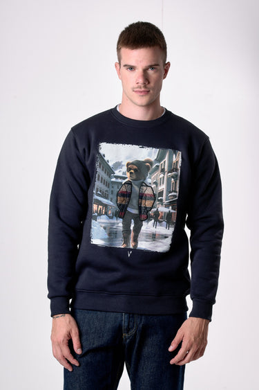 Felpa Girocollo Blu con stampa Teddy e ricamo in tessuto V2