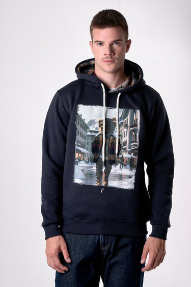 Blue Hoodie with Teddy Print and Fabric Embroidery V2