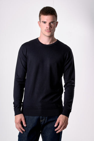 Maglione Girocollo in viscosa Blu con toppe in tessuto V2