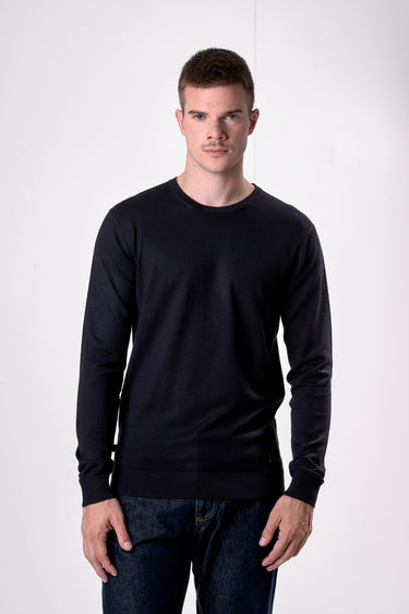 Maglione Girocollo in viscosa Blu con toppe in tessuto V2