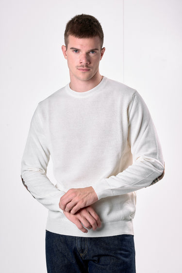 Maglione in lana merino Girocollo punto riso Panna con toppe in tessuto V2