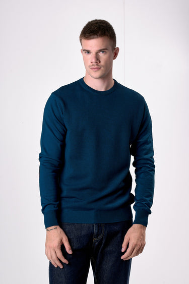Maglione in lana merino Girocollo punto riso Ottanio con toppe in tessuto V2