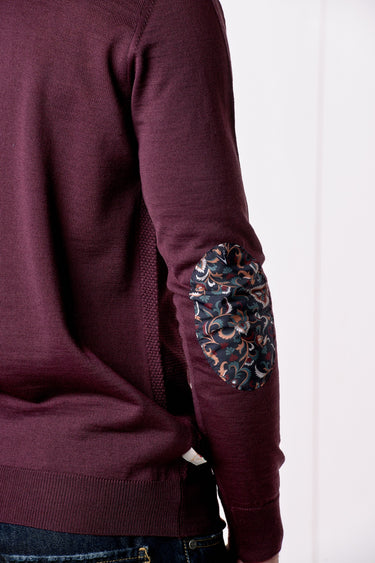 Dolcevita in lana merino punto riso Bordeaux con toppe in tessuto V2