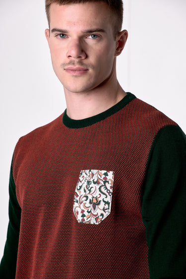 Maglione in lana merino Girocollo punto riso Bicolor Verde con taschino in tessuto V2