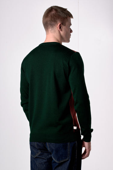 Maglione in lana merino Girocollo punto riso Bicolor Verde con taschino in tessuto V2