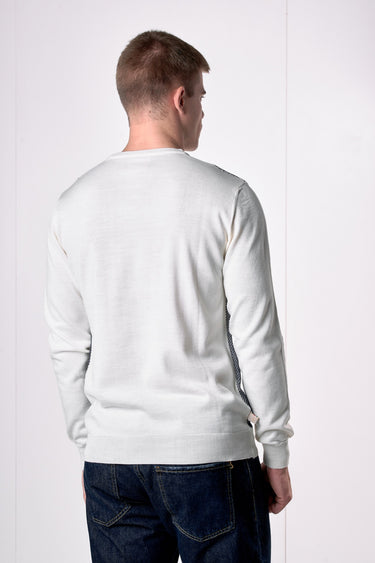 Maglione in lana merino Girocollo punto riso Bicolor Panna con taschino in tessuto V2