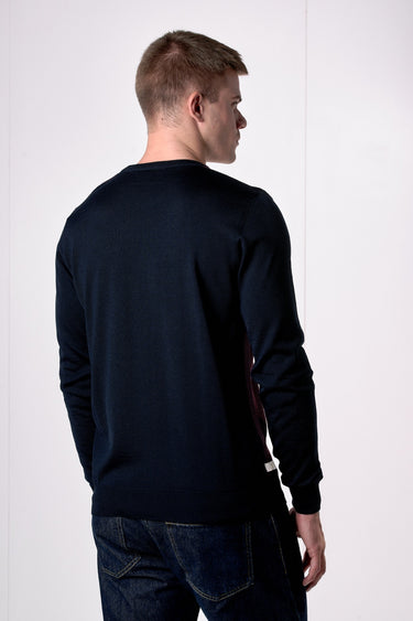 Maglione in lana merino Girocollo punto riso Bicolor Blu con taschino in tessuto V2