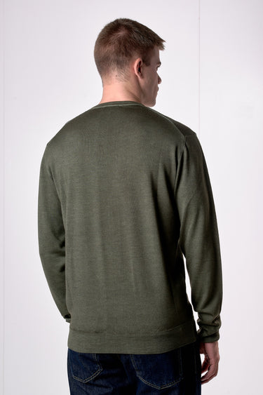 Maglione Girocollo in pura lana extrafine Merino Cardata tinto capo Verde Militare