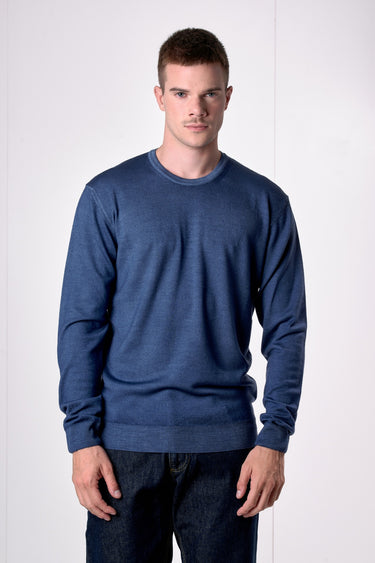 Maglione Girocollo in pura lana extrafine Merino Cardata tinto capo Jeans
