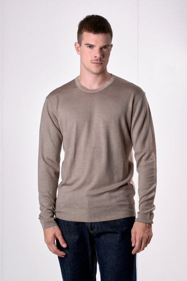 Maglione Girocollo in pura lana extrafine Merino Cardata tinto capo Sabbia
