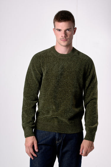 Maglione Girocollo in Ciniglia Verde Militare con Toppe in tessuto V2