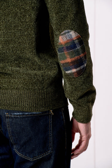 Maglione Girocollo in Ciniglia Verde Militare con Toppe in tessuto V2