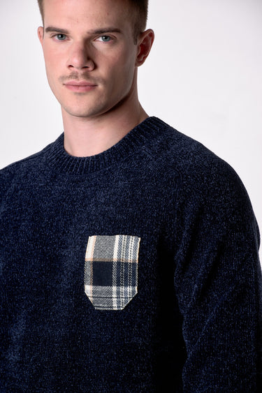 Maglione Girocollo in Ciniglia Blu con Taschino in tessuto V2