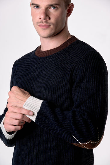 Maglione Girocollo Maglia Inglese tre colori con toppe scamosciate