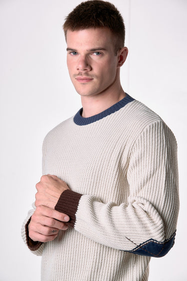 Maglione Girocollo Maglia Inglese tre colori con toppe scamosciate
