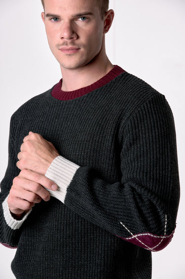 Maglione Girocollo Maglia Inglese tre colori con toppe scamosciate