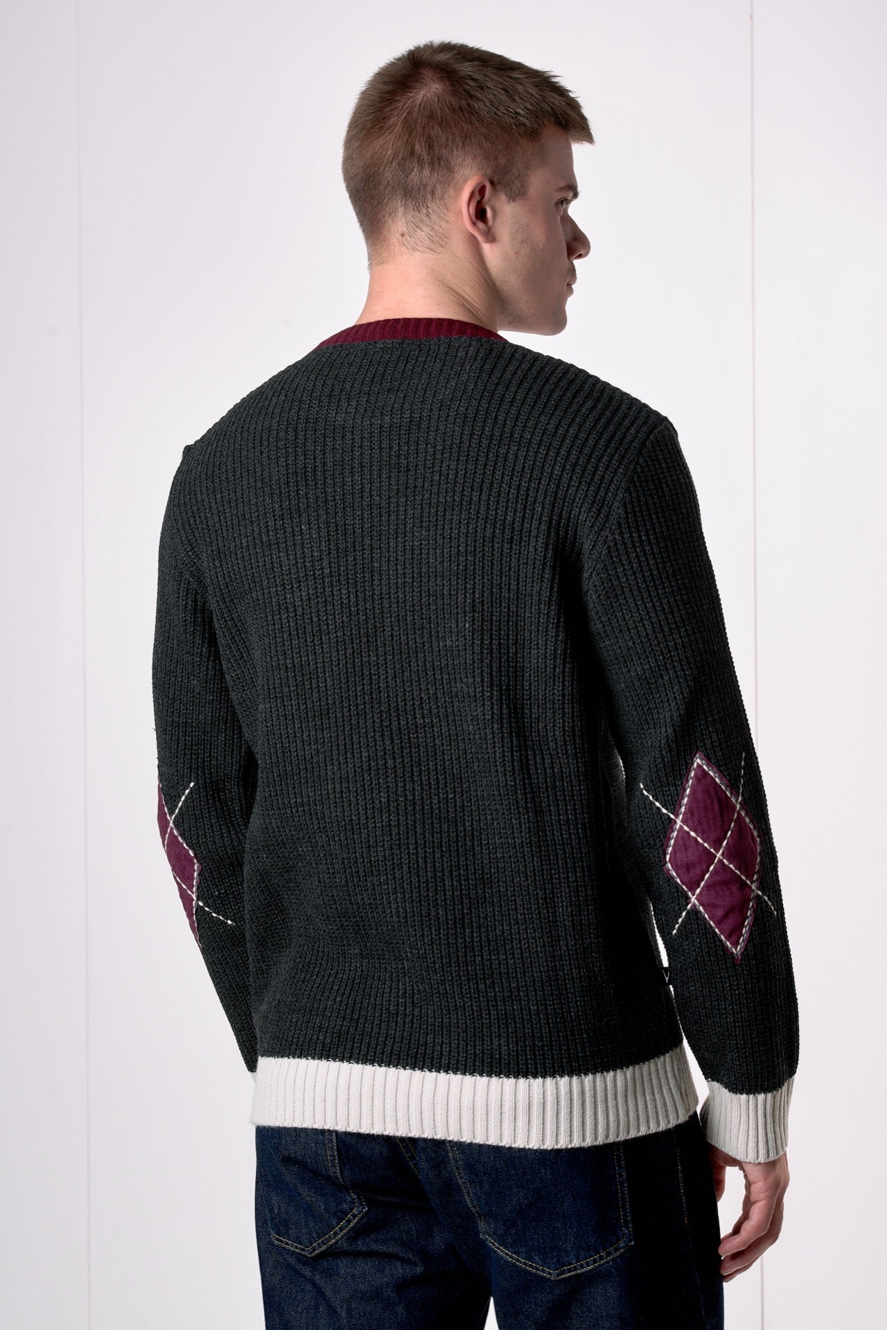 Maglione Girocollo Maglia Inglese tre colori con toppe scamosciate