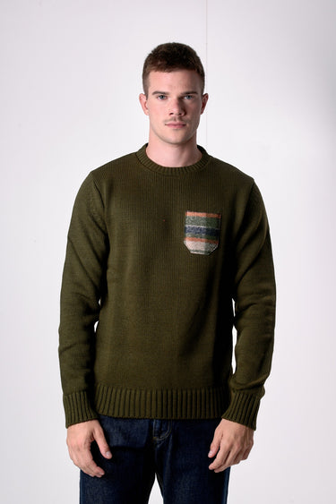 Maglione Girocollo Oslo Verde Militare con taschino in tessuto V2