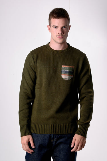Maglione Girocollo Oslo Verde Militare con taschino in tessuto V2