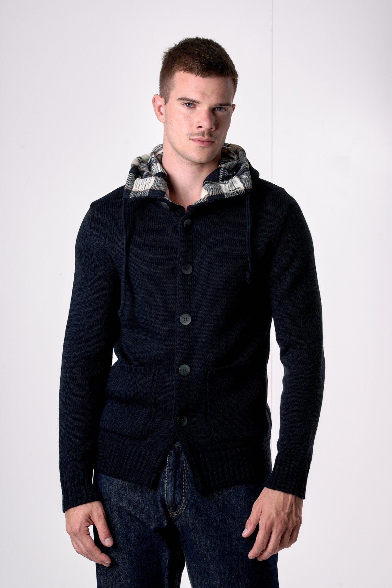 Cardigan Cappuccio Oslo Blu con interno in tessuto V2