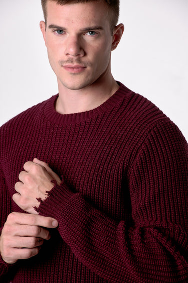 Maglione Girocollo con Strappi Bordeaux