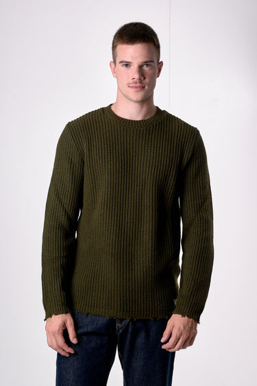 Maglione Girocollo con Strappi Verde Militare