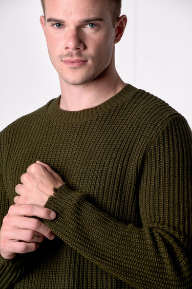 Maglione Girocollo con Strappi Verde Militare