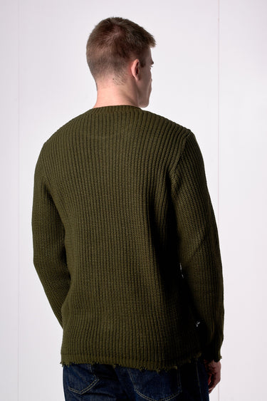 Maglione Girocollo con Strappi Verde Militare