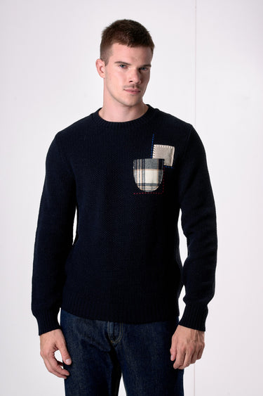 Maglione Girocollo occhio di pernice Blu con Taschino Patchwork Ricamato con Tessuti V2