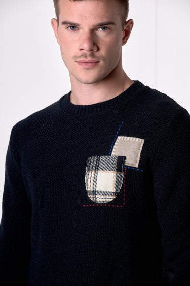 Maglione Girocollo occhio di pernice Blu con Taschino Patchwork Ricamato con Tessuti V2