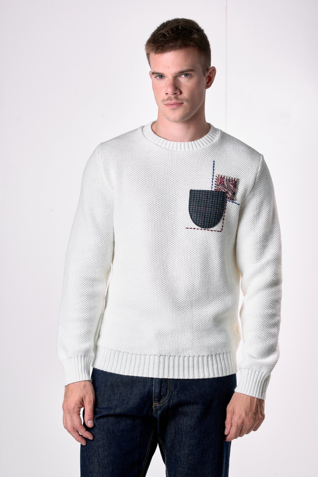 Maglione Girocollo occhio di pernice Panna con Taschino Patchwork Ricamato con Tessuti V2