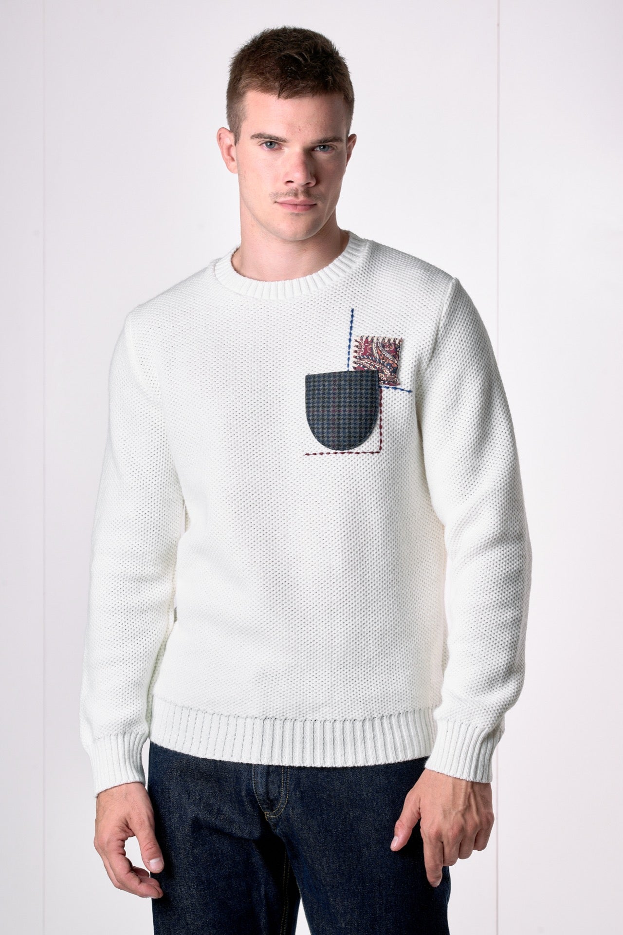 Maglione Girocollo occhio di pernice Panna con Taschino Patchwork Ricamato con Tessuti V2